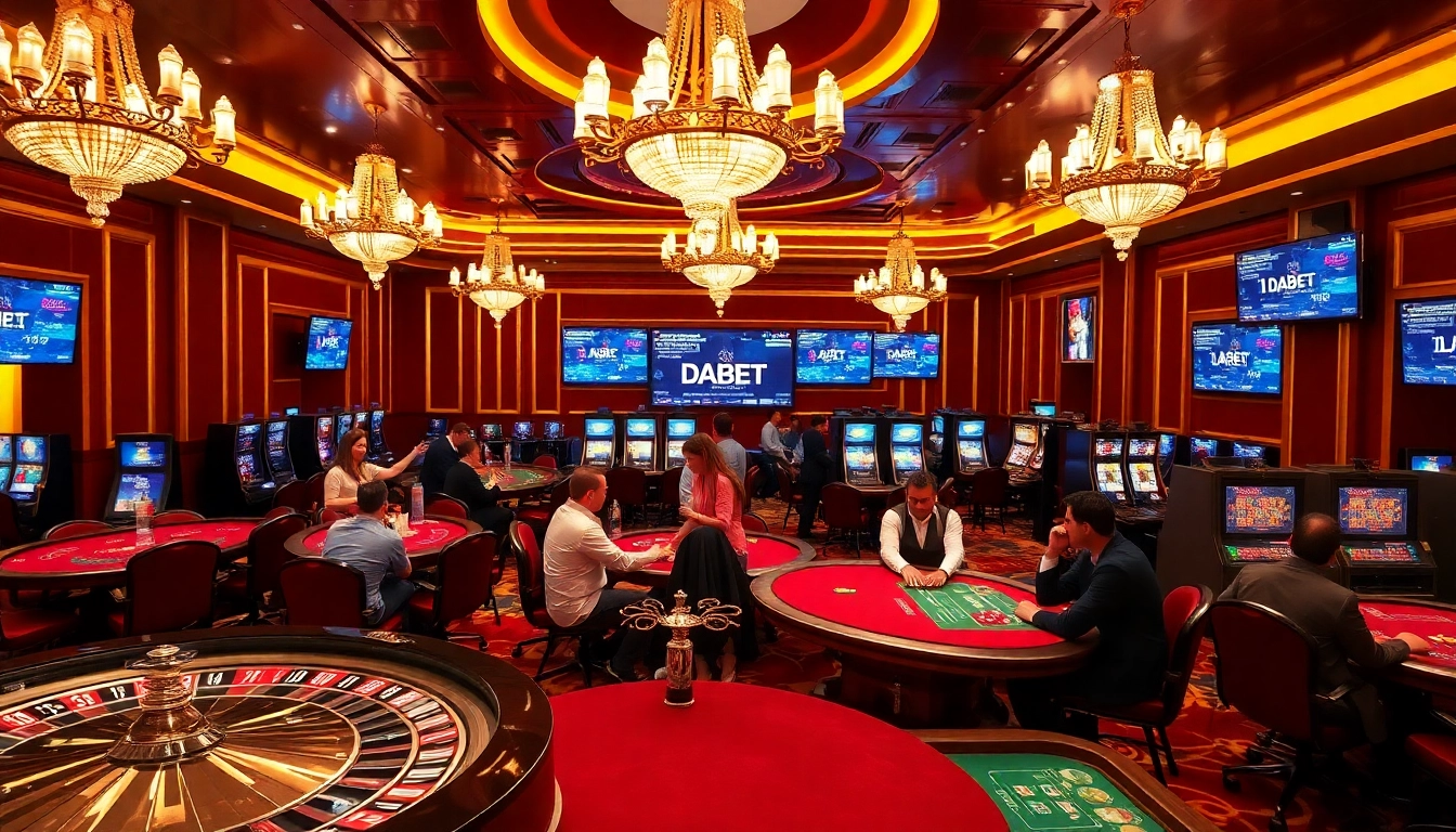 Experience thrilling gaming at DABET, featuring vibrant casino tables and engaged players.
