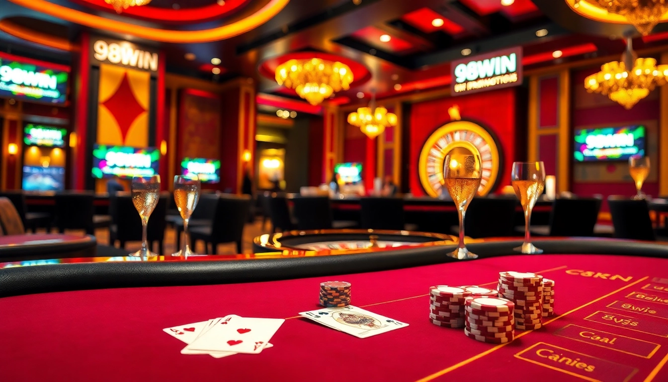Experience the thrill of 98WIN casino gaming with vibrant tables, chips, and roulette.