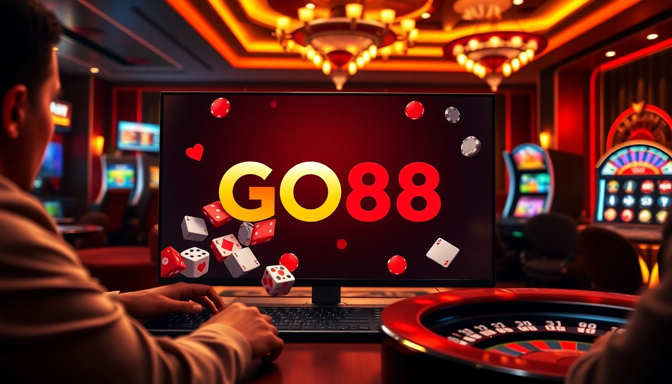Experience the excitement of online gambling with Tải GO88 on vibrant casino graphics.