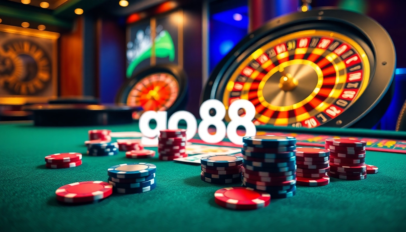 Experience the thrill of playing go88 at a luxurious poker table with vibrant chips and cards.