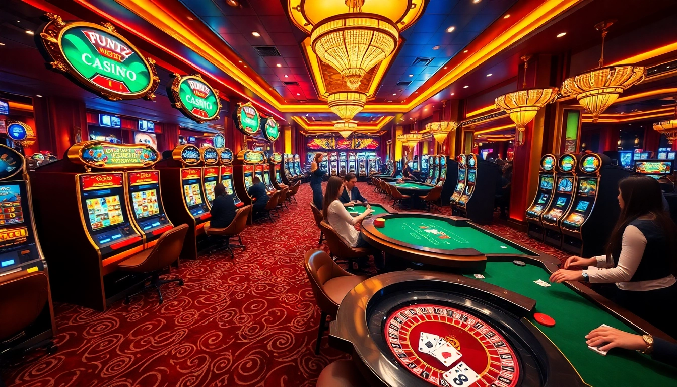 Players engaging at fun79 casino tables with vibrant slot machines and elegant decor.