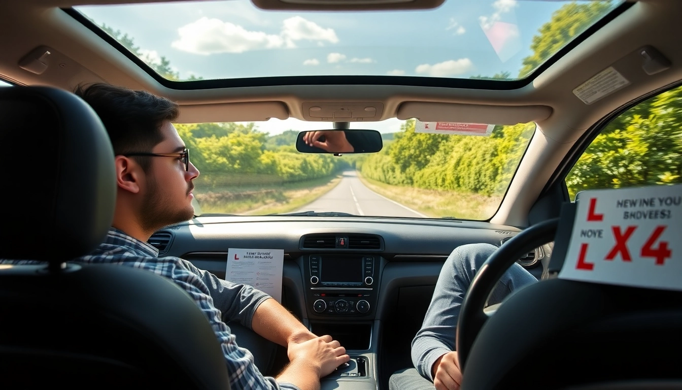 Engage in automatic driving lessons Guildford with a professional instructor guiding a student in a vibrant setting.