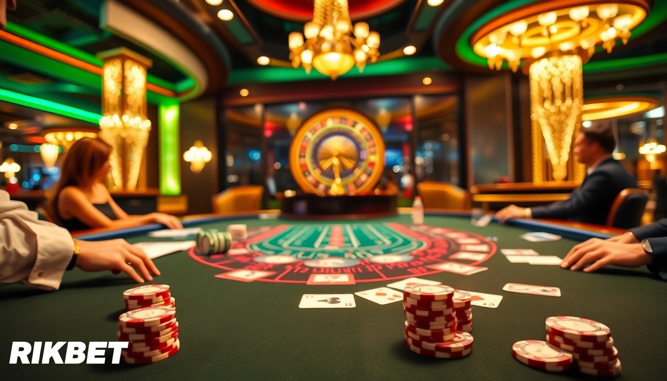 RIKBET live casino experience with dynamic Blackjack table, engaging players and vibrant gambling elements.