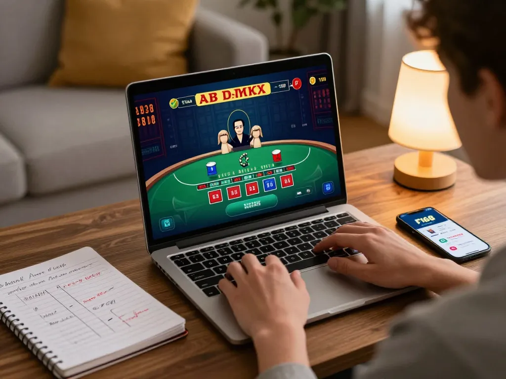 F168 player engaged in live blackjack on a laptop, showcasing strategic online gambling.