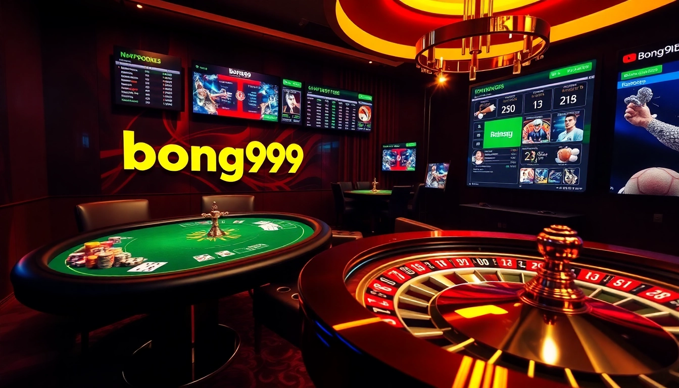Bong99 sports betting excitement displayed on a vibrant digital casino interface with cards and chips.
