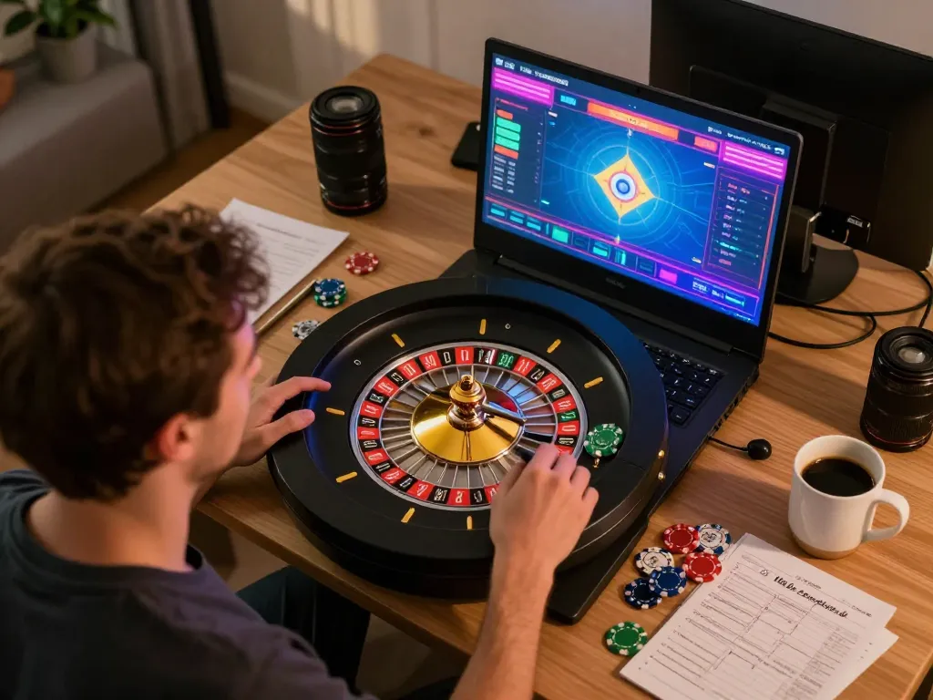 Engaging player analyzing strategies at tg88 casino online roulette table on laptop in cozy home setup