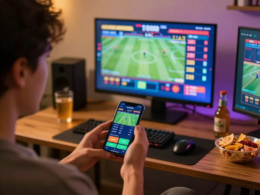 Person engaging in sports betting on Bongdalu with live match updates and betting odds on screens.