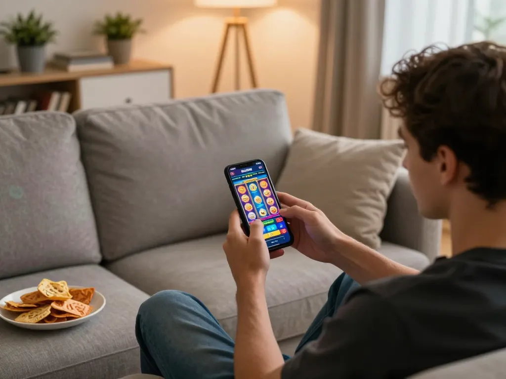 Engaging with IWIN CLUB app, showcasing exciting gameplay in a cozy home setting