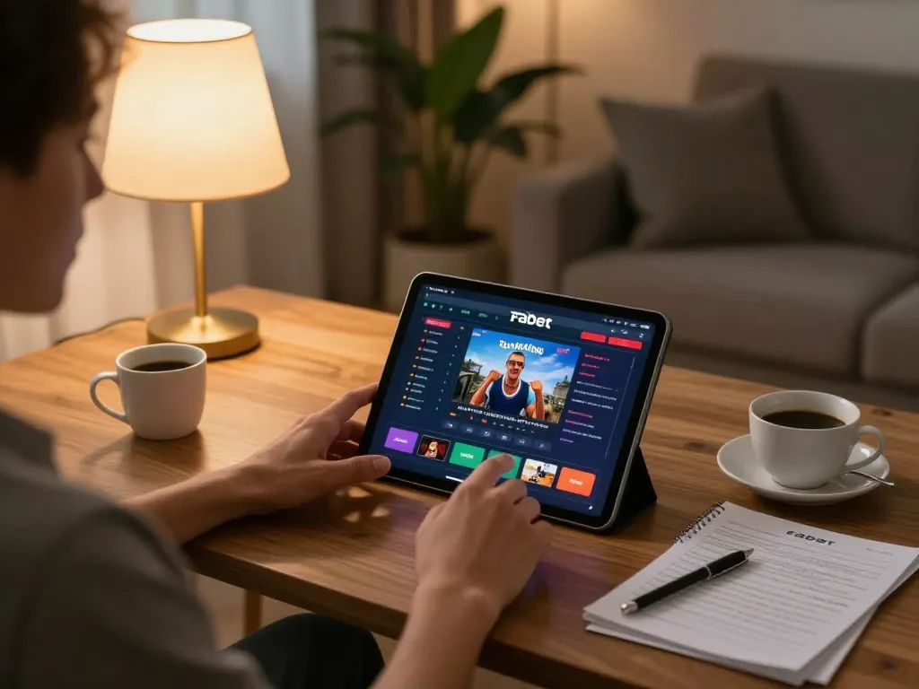 Player engaging with Fabet online gaming app on a tablet in a cozy home setting.