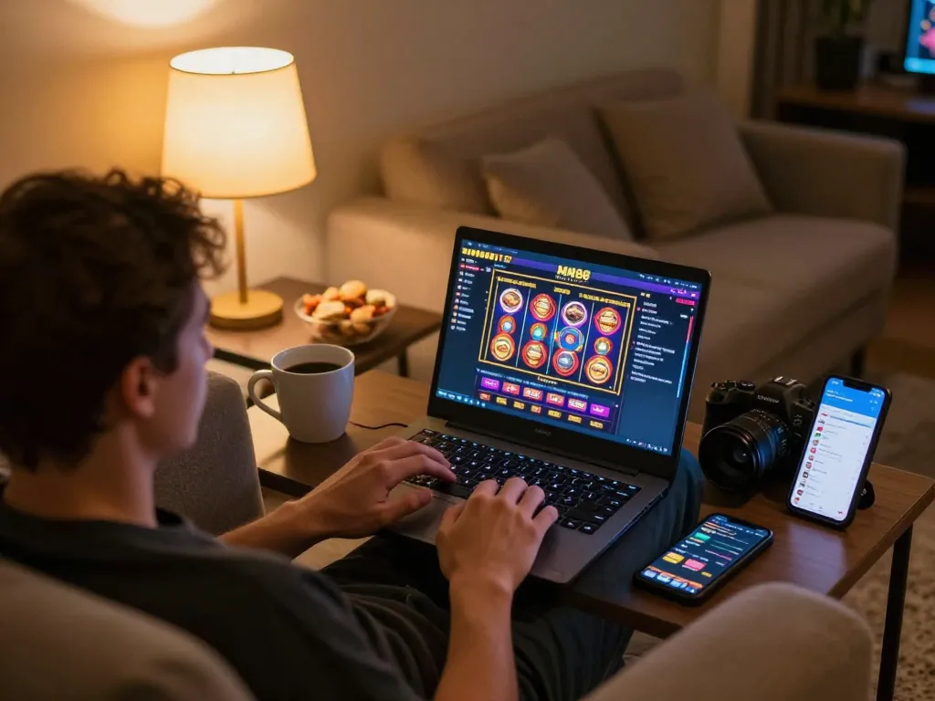 Player engaging with MN88 casino games on laptop in a cozy home setting, showcasing online gambling excitement.