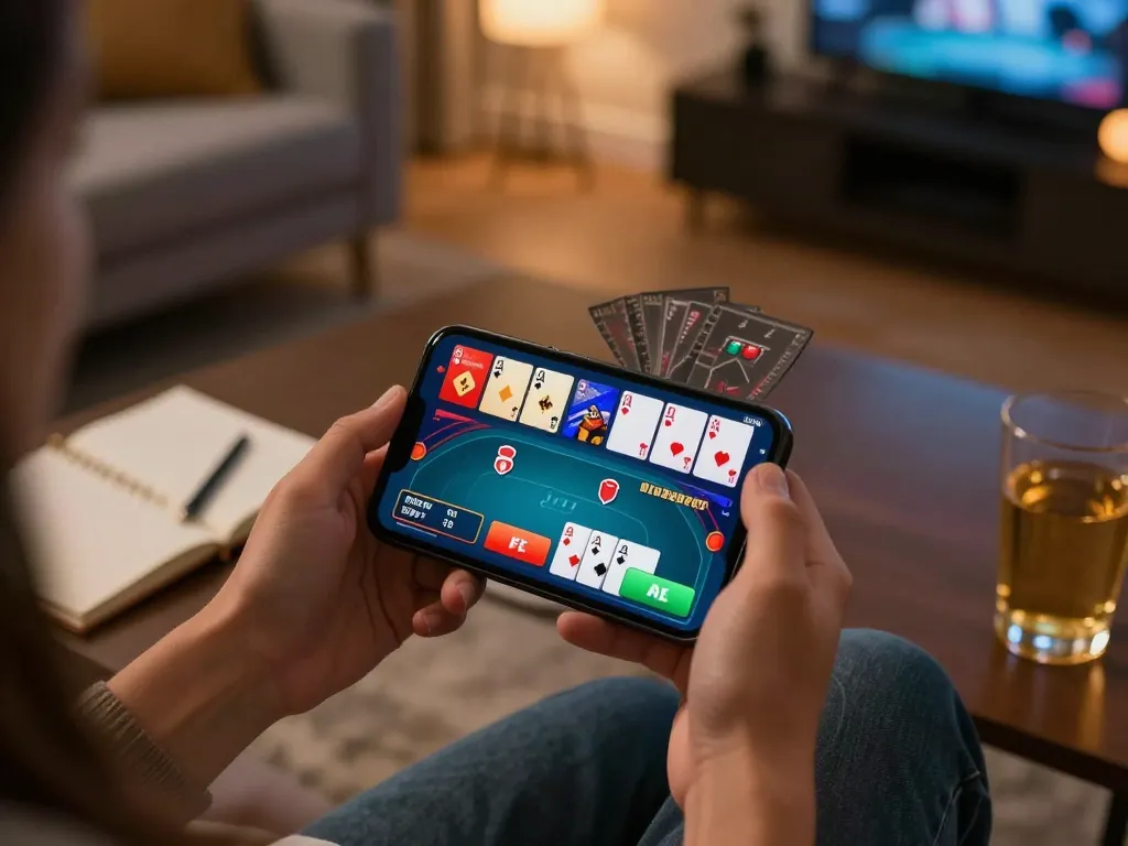 Engaging with game bài đổi thưởng uy tín on a smartphone, showcasing interactive poker gameplay and strategic notes