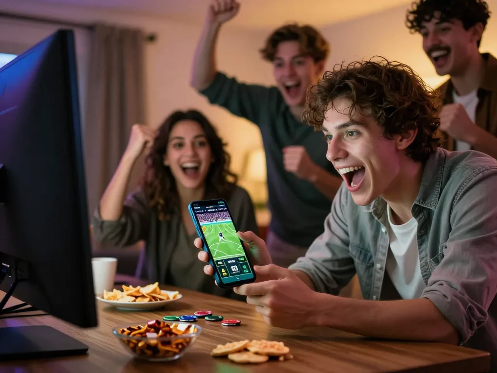 Bet168 player placing a live sports bet on mobile app while friends cheer, highlighting excitement.