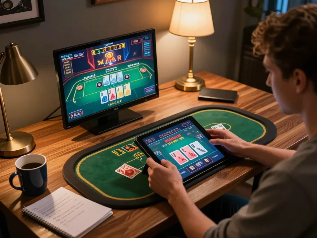 Engaging in online casino gaming at home with a Kwin tablet setup.