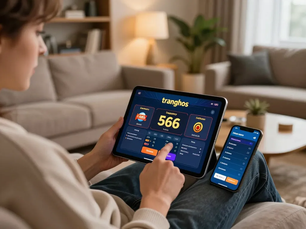Engaging with the trang chủ 566 casino app on a tablet in a cozy home setting, showcasing modern online betting.