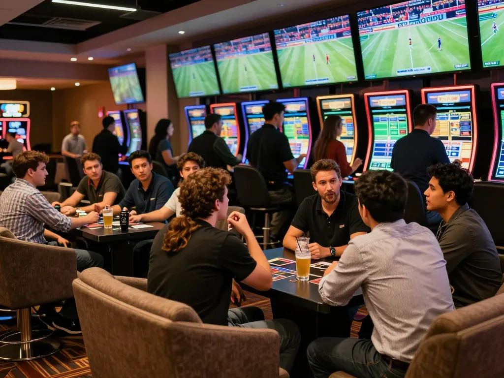 Kèo nhà cái patrons actively engaging in sports betting with excitement in a lively casino lounge