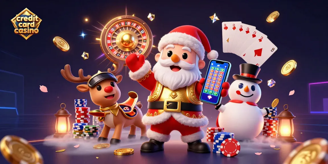 Experience excitement at a credit card casino with Santa, his reindeer, and a snowman gambling.