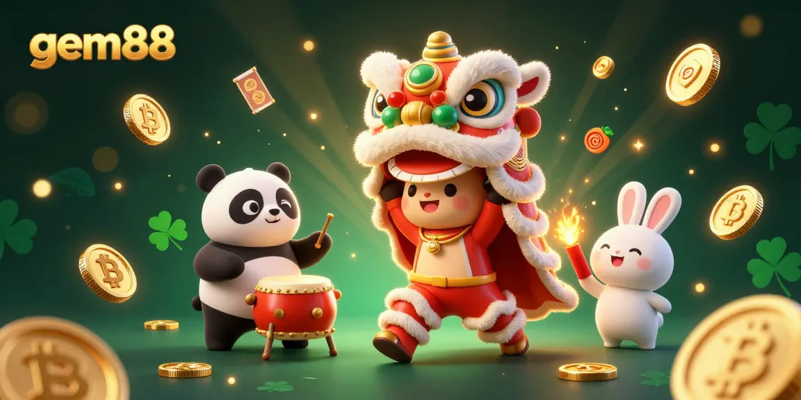 Join the excitement at gem88 with vibrant characters in a lively gambling scene featuring slot elements and crypto coins.