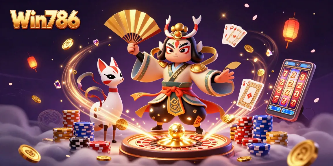 Win786 casino's vibrant gaming scene with kabuki warrior and kitsune mask amidst exciting slot elements.