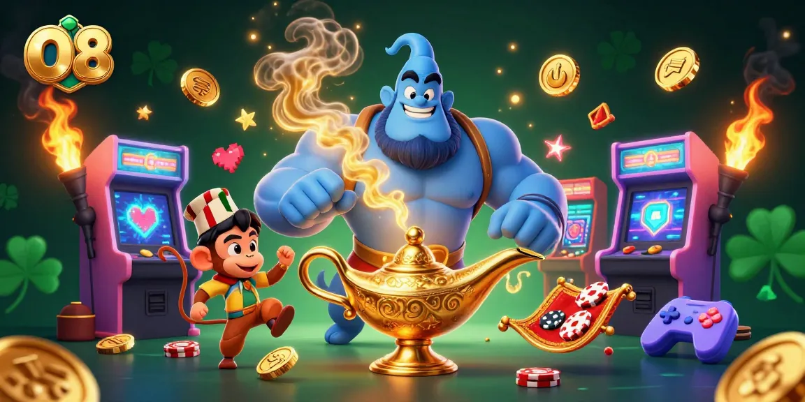Engage in thrilling online gaming at O8, featuring a vibrant 3D illustration of a genie, monkey, and poker chips.