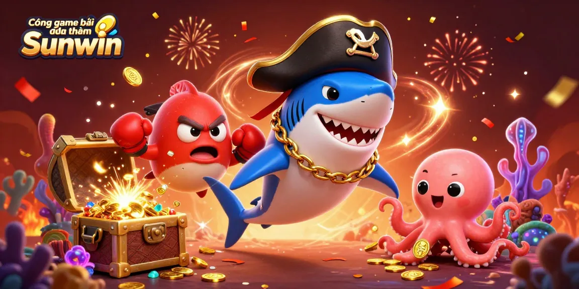 Cổng game bài đổi thưởng Sunwin features a dynamic scene with a cartoon pirate shark, angry pufferfish, and cute octopus surrounded by casino elements.