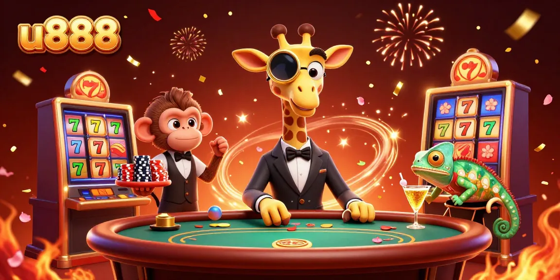 Experience thrilling games at u888 with a lively scene depicting cartoon characters celebrating with casino elements.