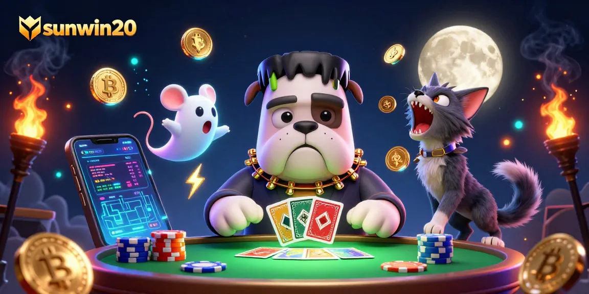 Join sunwin20 at a vibrant casino table with an animated Frankenstein bulldog dealer and crypto elements.