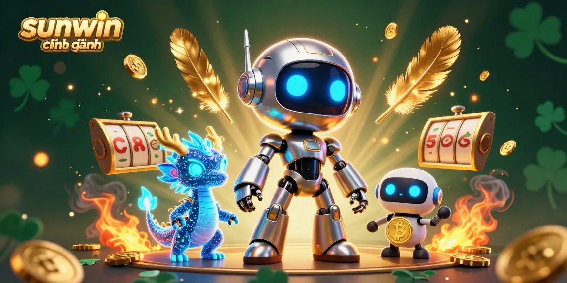 Engage with sunwin chính hãng casino adventures with our 3D illustration showcasing a cyberpunk robot, dragon, and thrilling gaming elements.