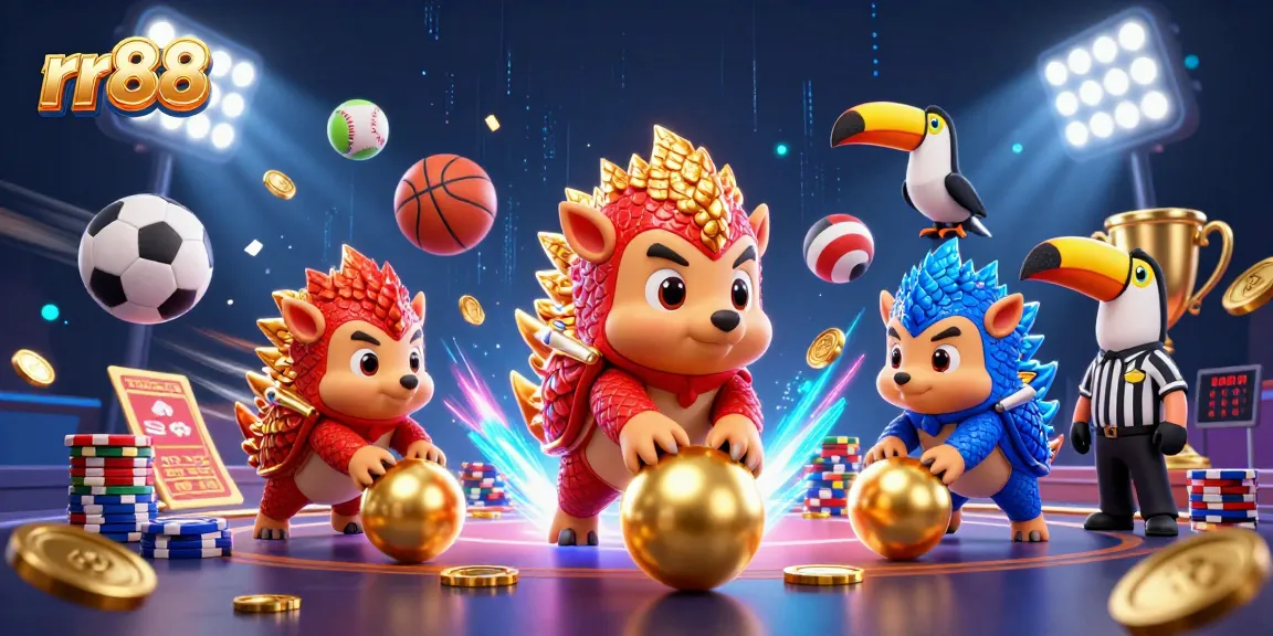 Rival pangolins compete at rr88, bowling through poker chips in a vibrant casino setting.