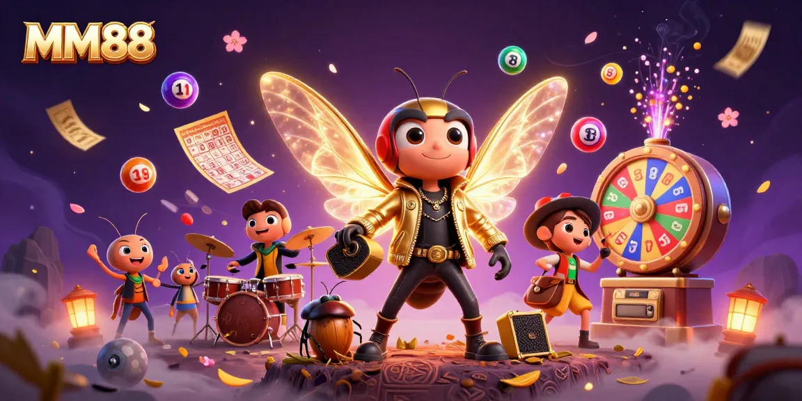 Engage with MM88's vibrant gaming scene featuring a 3D rock star and colorful lottery elements.