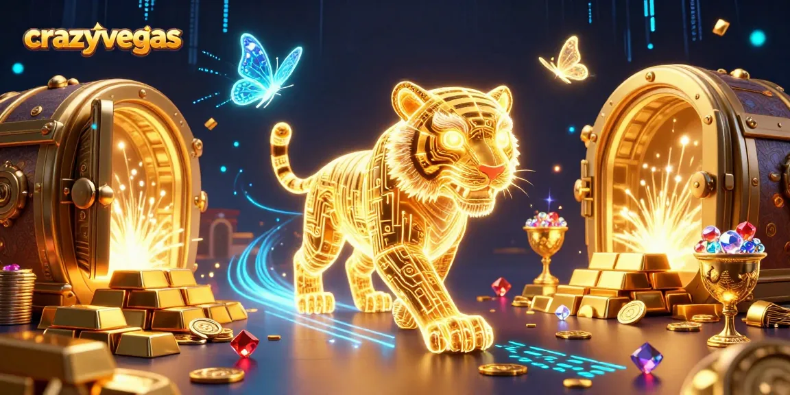 The golden tiger from crazyvegas runs through a vibrant digital casino, surrounded by riches and excitement from spinning reels and treasure vaults.